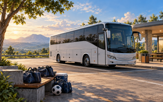 Ilustrasi AI bus rombongan sepak bola di tempat istirahat