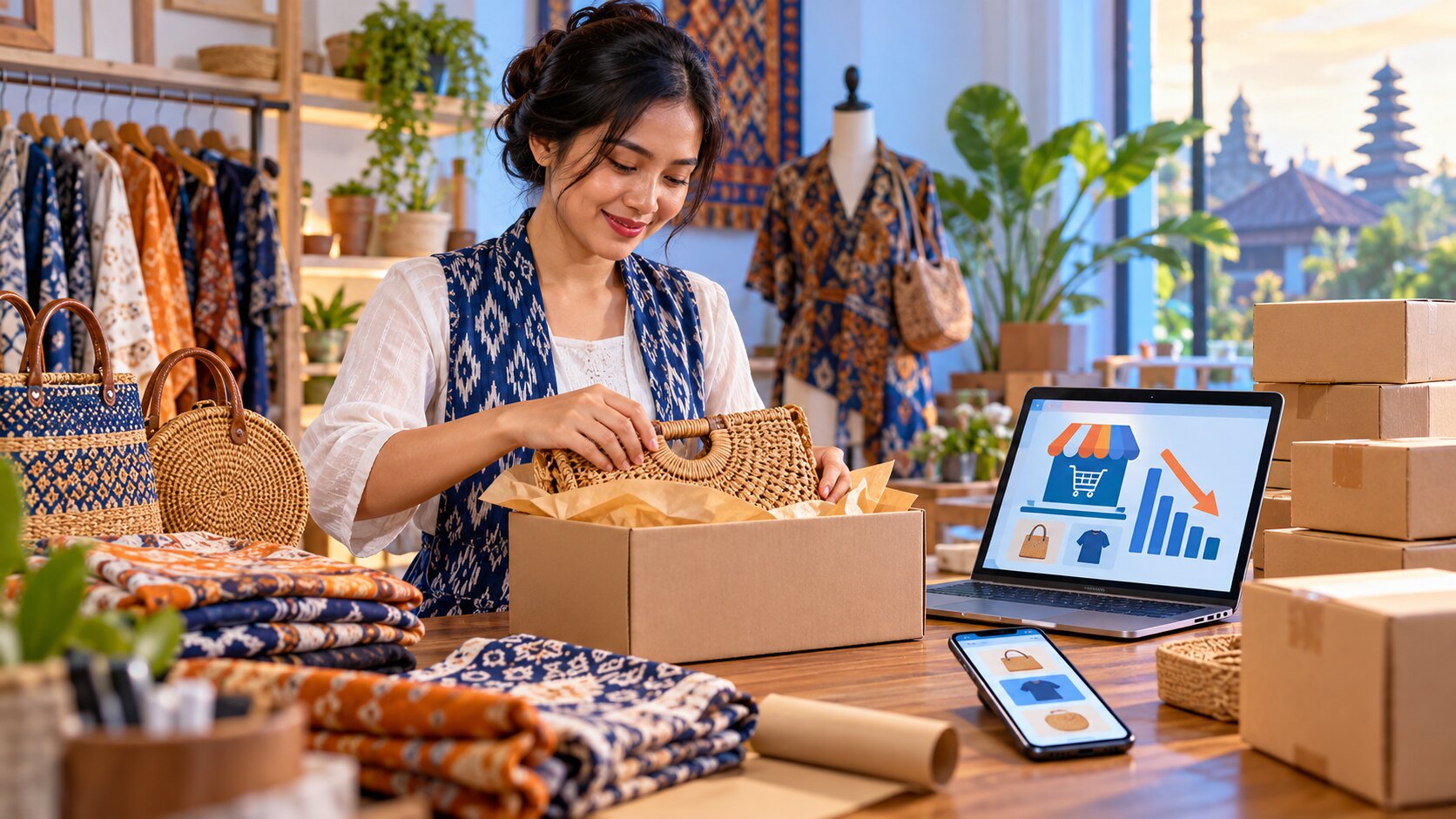 Pelaku UMK Indonesia mengemas kerajinan dan fesyen untuk penjualan melalui marketplace