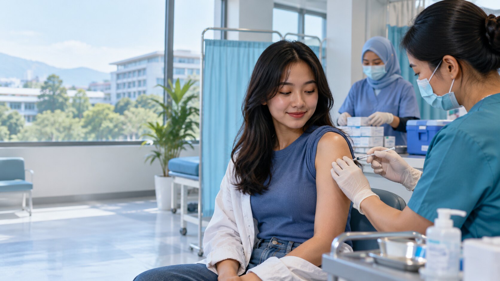 Mahasiswi menerima vaksin HPV dari tenaga kesehatan di klinik kampus Bandung